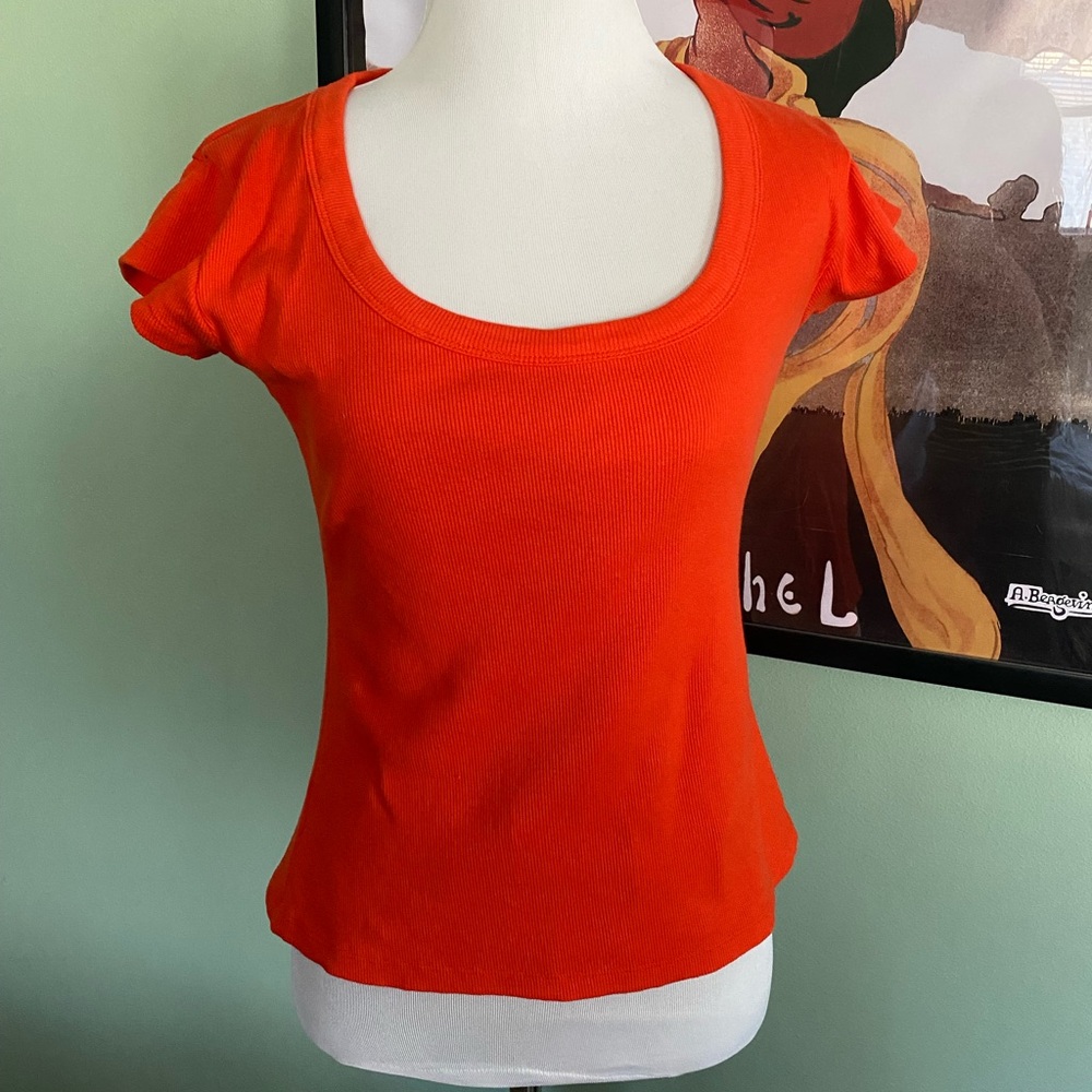 Anthropologie Pilcro Slim Scoop-Neck Tee Hot Bright Coral Medium